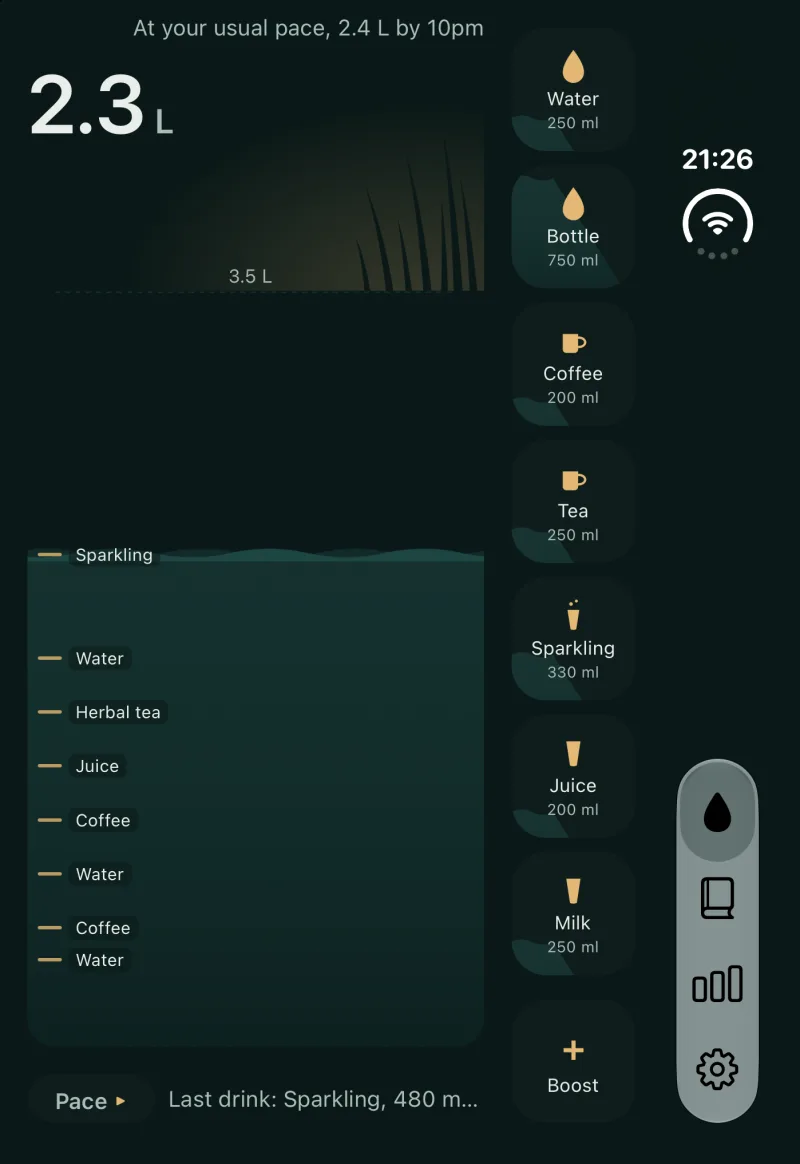 Home on the folded outer display. The waterline sits on the left, the drink tiles stack in a column down the right, and the tab bar is a vertical pill at the lower right.