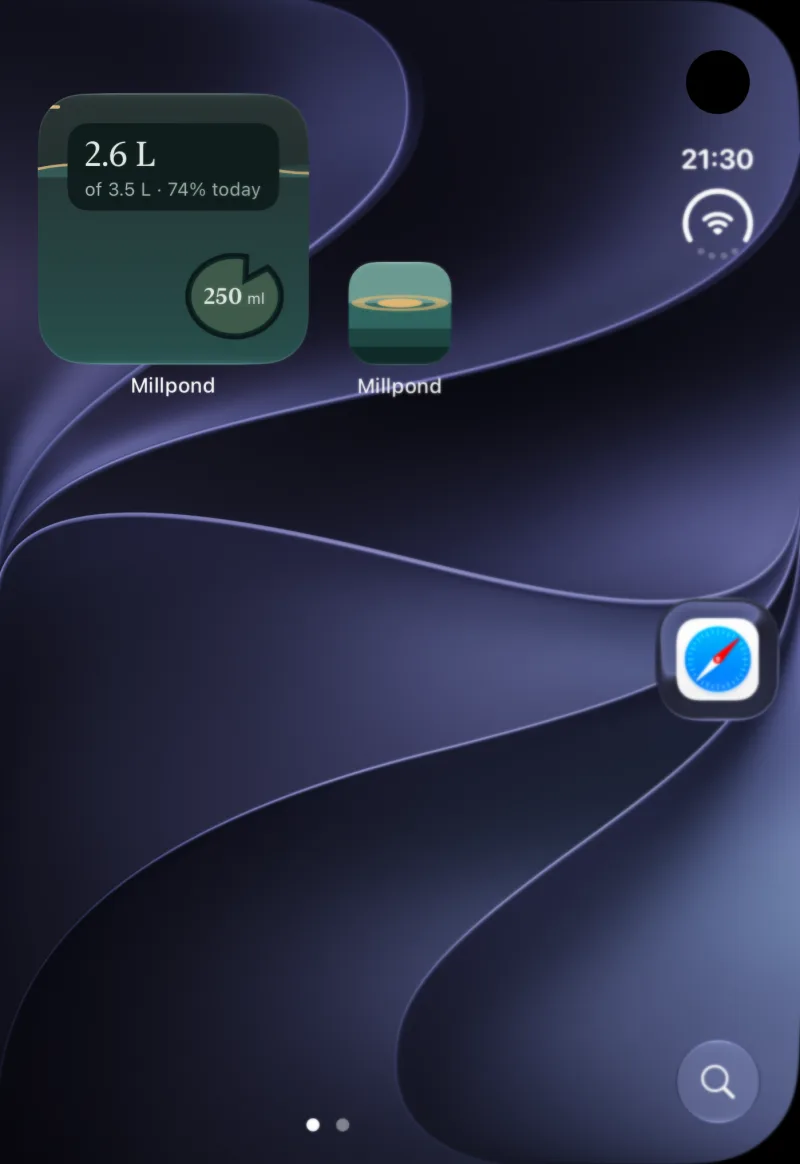 The folded Home Screen with the Millpond widget at top left showing 2.6 L of 3.5 L, 74% today, and a lily-pad button that logs 250 ml, beside the Millpond app icon.